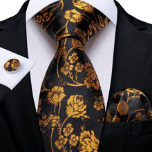 Black Golden Floral Men's Tie Pocket Square Cufflinks Set