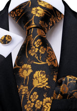 Black Golden Floral Men's Tie Pocket Square Cufflinks Set