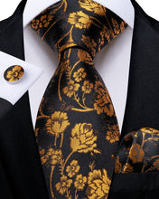 Black Golden Floral Men's Tie Pocket Square Cufflinks Set