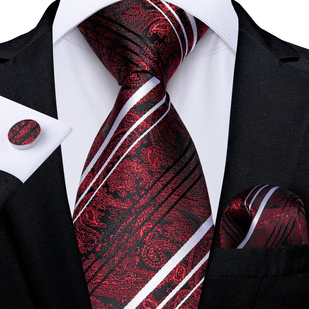 Classic Red White Stripe Floral Men's Tie Pocket Square Cufflinks Set ...