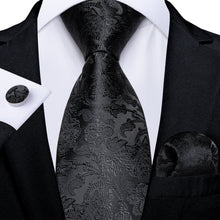 Classic Black Floral Men's Tie Pocket Square Cufflinks Set