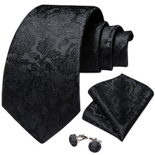 Classic Black Floral Men's Tie Pocket Square Cufflinks Set