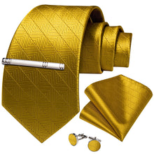 Golden Stripe Lattice Men's Tie Handkerchief Cufflinks Clip Set