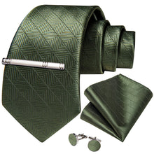 Emerald Stripe Lattice Men's Tie Handkerchief Cufflinks Clip Set