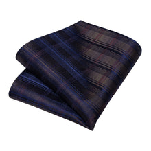 Blue Brown Stripe Lattice Men's Tie Handkerchief Cufflinks Clip Set