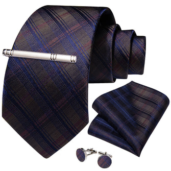 Blue Brown Stripe Lattice Men's Tie Handkerchief Cufflinks Clip Set