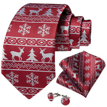 Christmas Elk Snowflake Red Solid Men's Tie Pocket Square Cufflinks Set