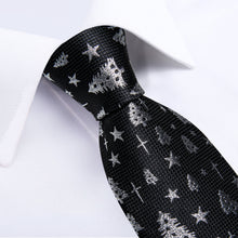 Christmas Silver Tree Black Solid Men's Tie Handkerchief Cufflinks Clip Set