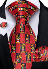 Christmas Red Solid Cartoon Dog Men's Tie Pocket Square Cufflinks Clip Set