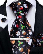 Christmas Novel Cartoon Black Solid Men's Tie Handkerchief Cufflinks Clip Set