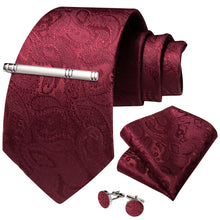 Red Paisley Men's Tie Handkerchief Cufflinks Clip Set