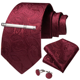 Red Paisley Men's Tie Handkerchief Cufflinks Clip Set