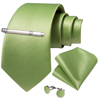 Lime Green Solid Men's Tie Pocket Square Cufflinks Clip Set