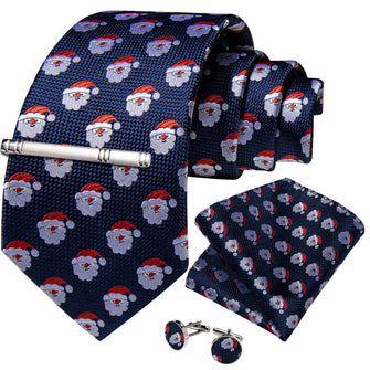 Christmas Blue Solid Santa Avatar Men's Tie Pocket Square Cufflinks Clip Set