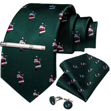 Christmas Green Santa Pattern Men's Tie Pocket Square Cufflinks Clip Set