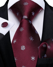 Christmas Claret Solid Silver Snowflake Men's Tie Pocket Square Cufflinks Set