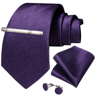 Purple Solid Men's Tie Pocket Square Cufflinks Clip Set