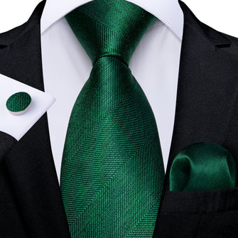 Green Solid Men's Tie Pocket Square Cufflinks Set