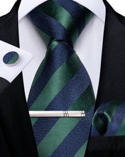 Blue Green Stripe Men's Tie Pocket Square Cufflinks Clip Set