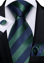 Blue Green Stripe Men's Tie Pocket Square Cufflinks Clip Set