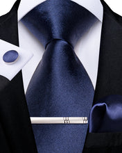 Dark Blue Solid Men's Tie Pocket Square Cufflinks Clip Set