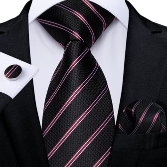 Black White Stripe Men's Tie Pocket Square Cufflinks Set