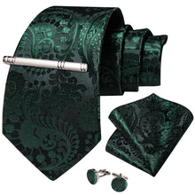 Green Paisley Men's Tie Handkerchief Cufflinks Clip Set