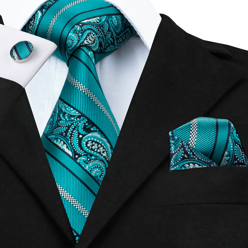 Teal Paisley Tie Hanky Cufflinks Set– DiBanGuStore