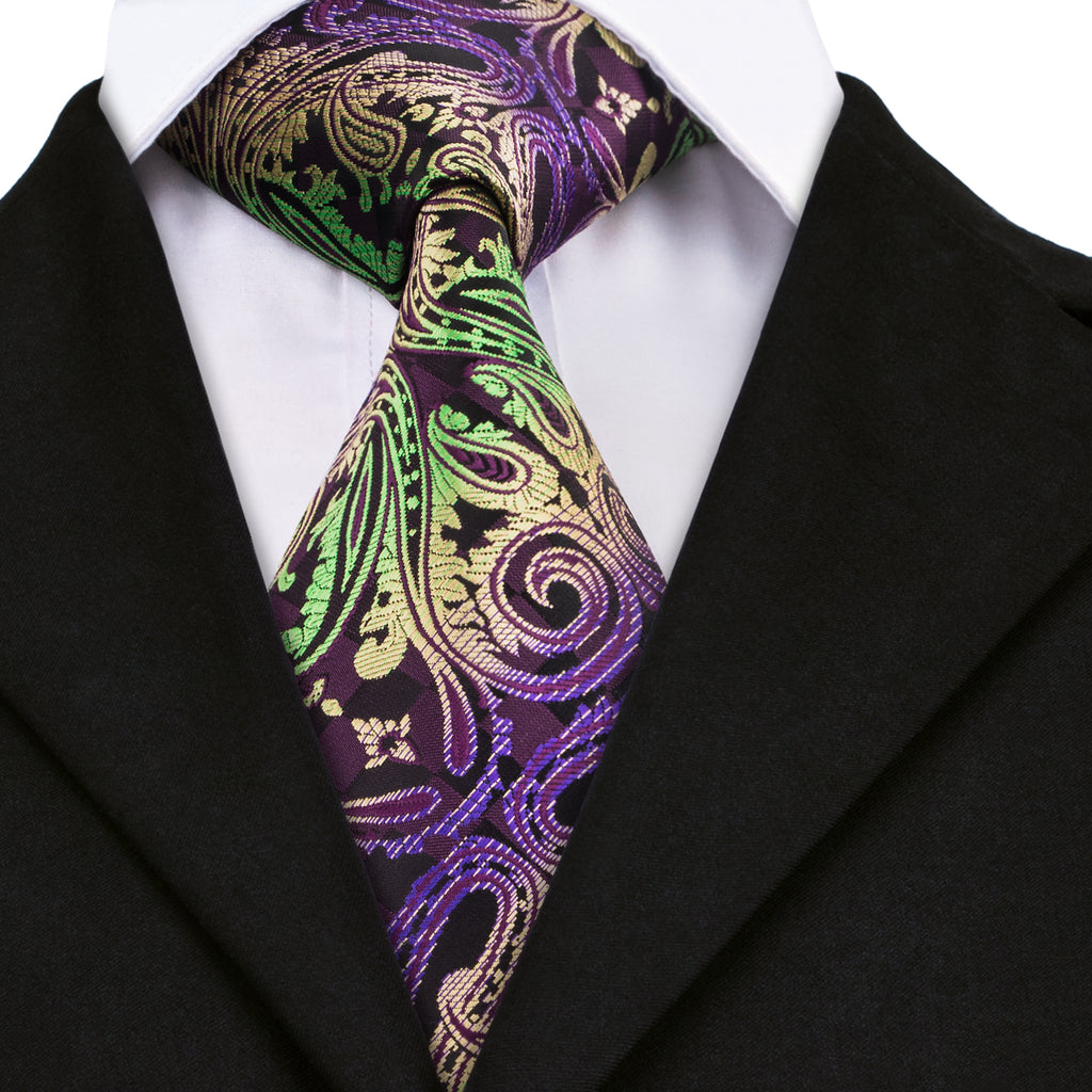 Purple Green Paisley Tie Pocket Square Cufflinks Set– DiBanGuStore