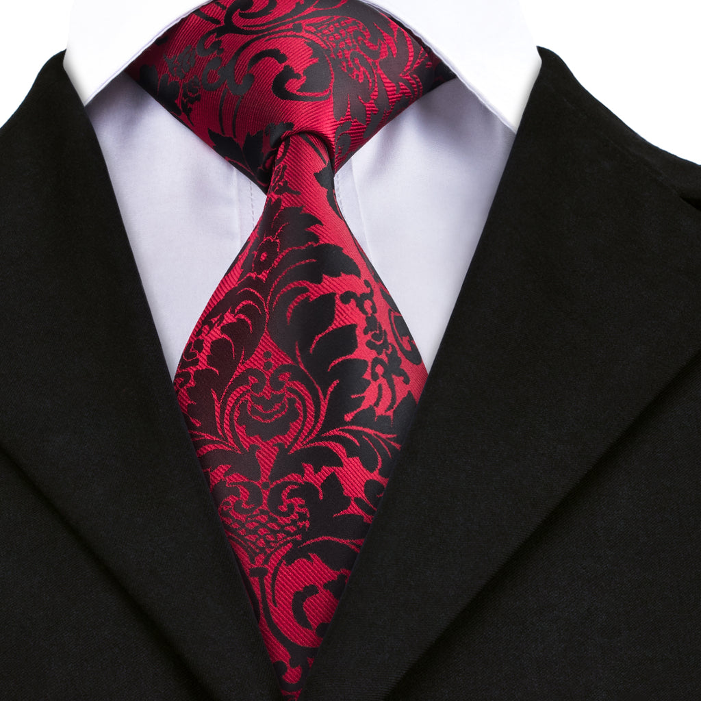 Black Red Floral Tie Handkerchief Cufflinks Set– DiBanGuStore